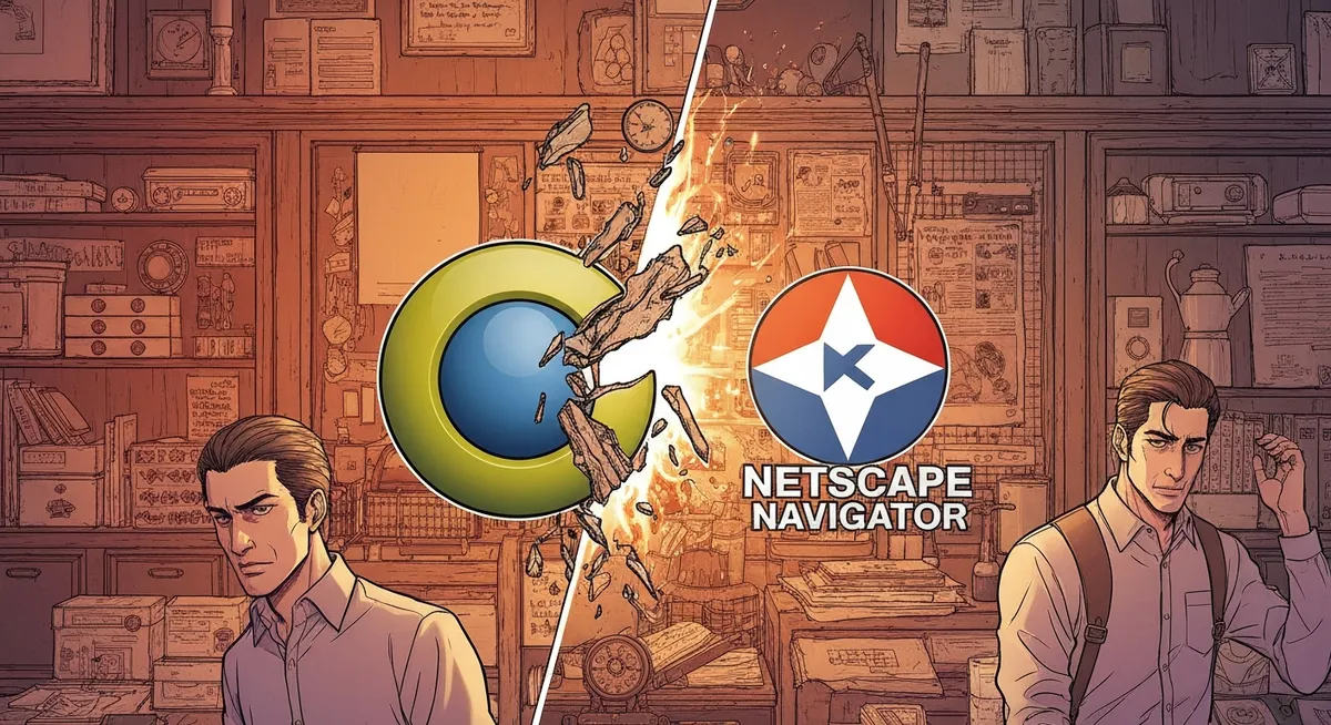 A computer screen split between Netscape Navigator and Internet Explorer — the browser war begins