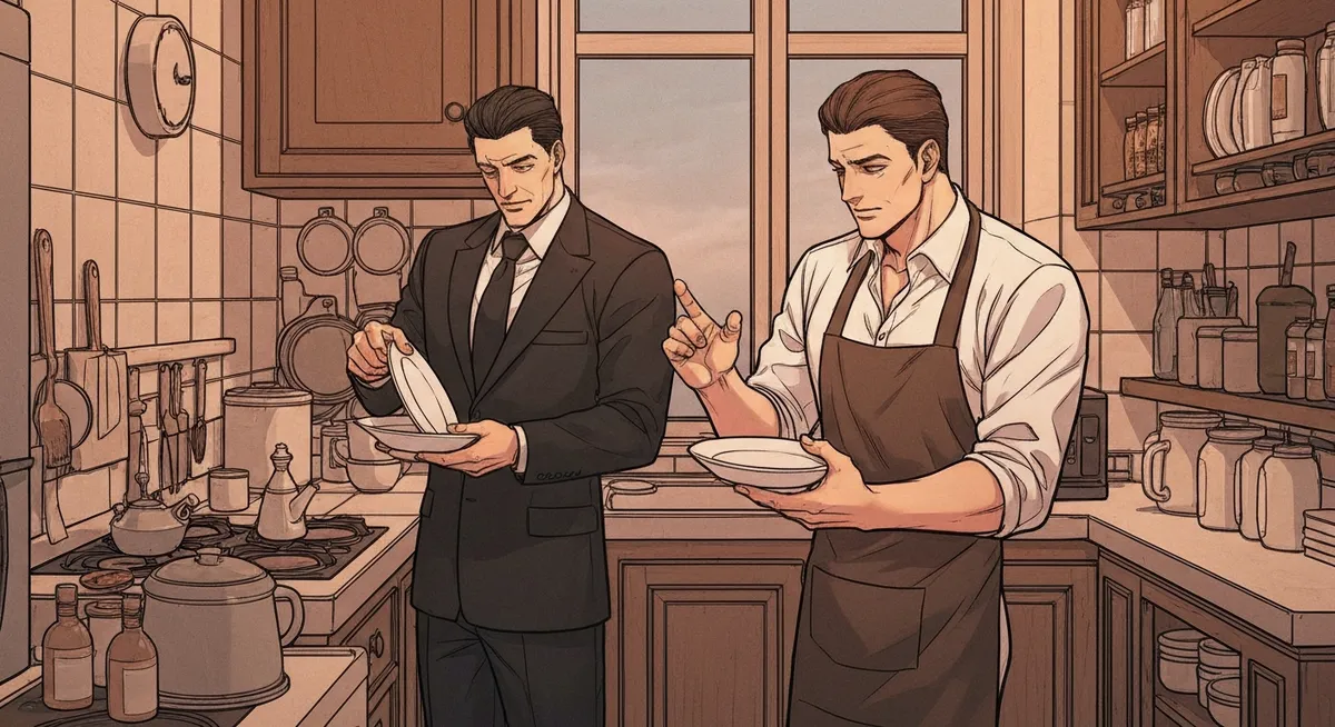 Gates washing dishes in a kitchen — the mundane side of billionaire life