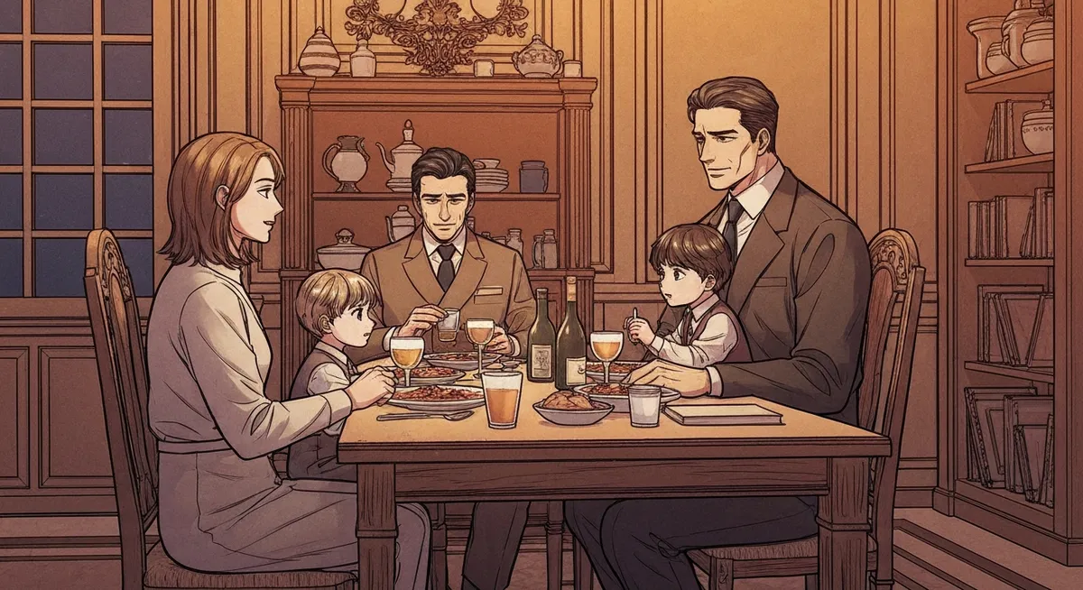 A 1960s family dinner table with a young boy arguing passionately while his parents exchange looks