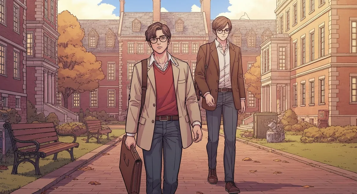 Harvard University campus in autumn with red brick buildings and students walking the paths