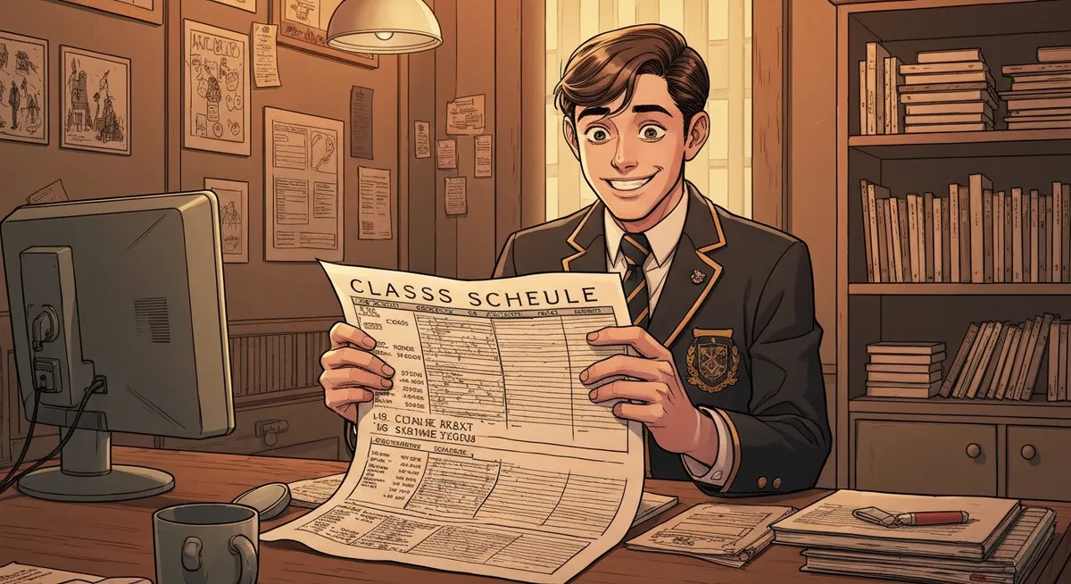 A school class schedule printout with suspiciously favorable arrangements highlighted