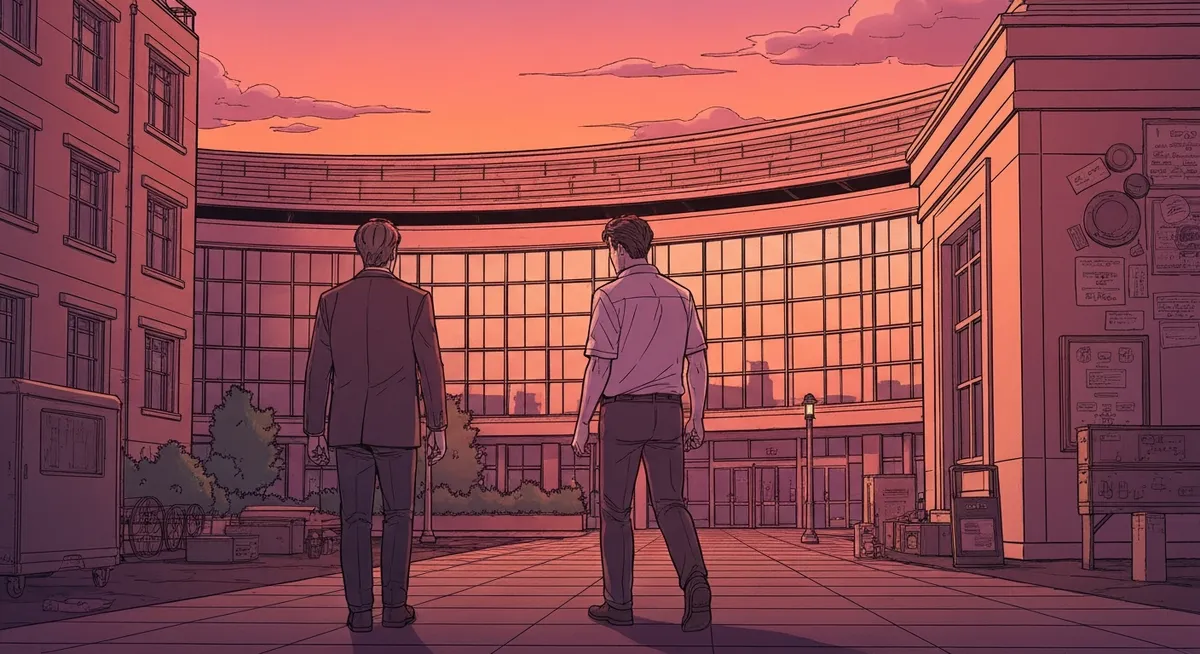 Gates walking away from the Microsoft campus at sunset — the beginning of a new chapter