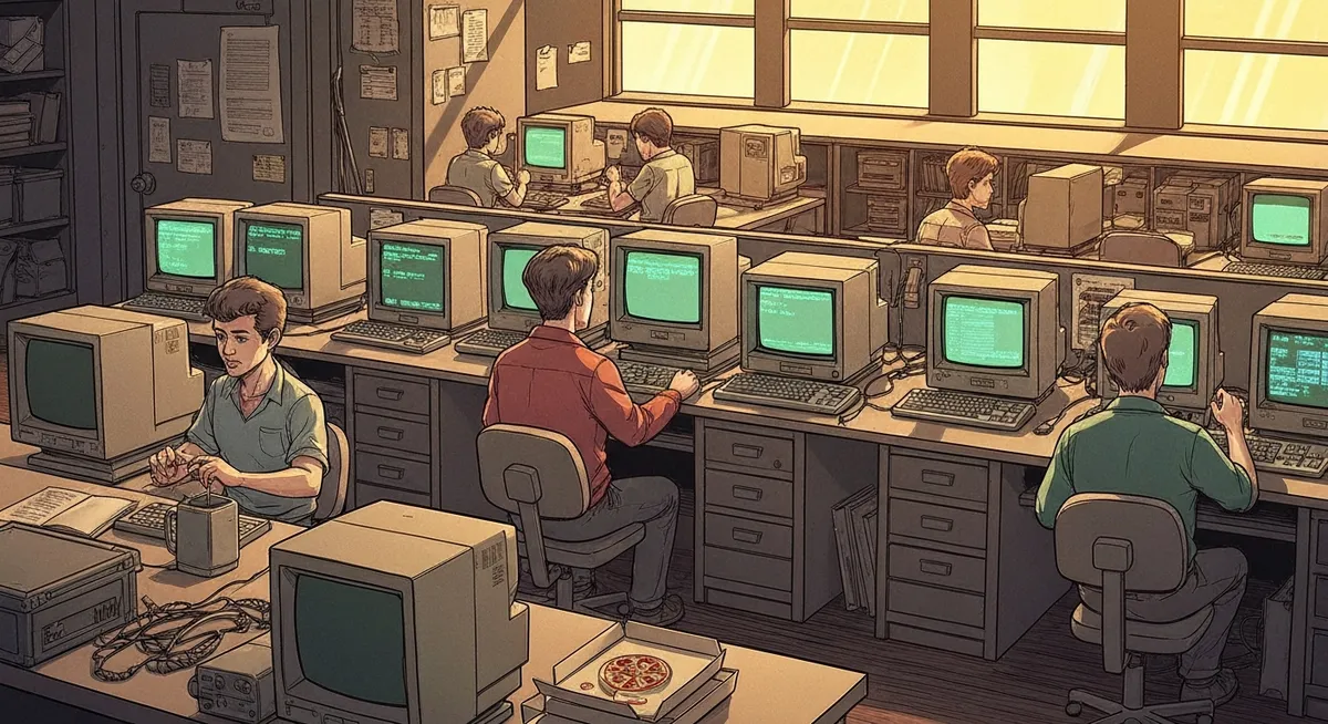 A 1980s office filled with IBM PCs all running MS-DOS — the Microsoft era begins