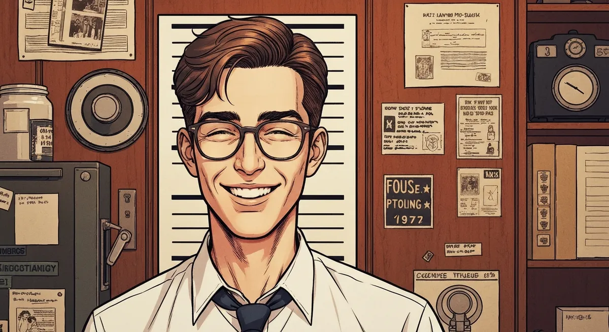 A young man's police mugshot — scrawny, grinning, with disheveled hair