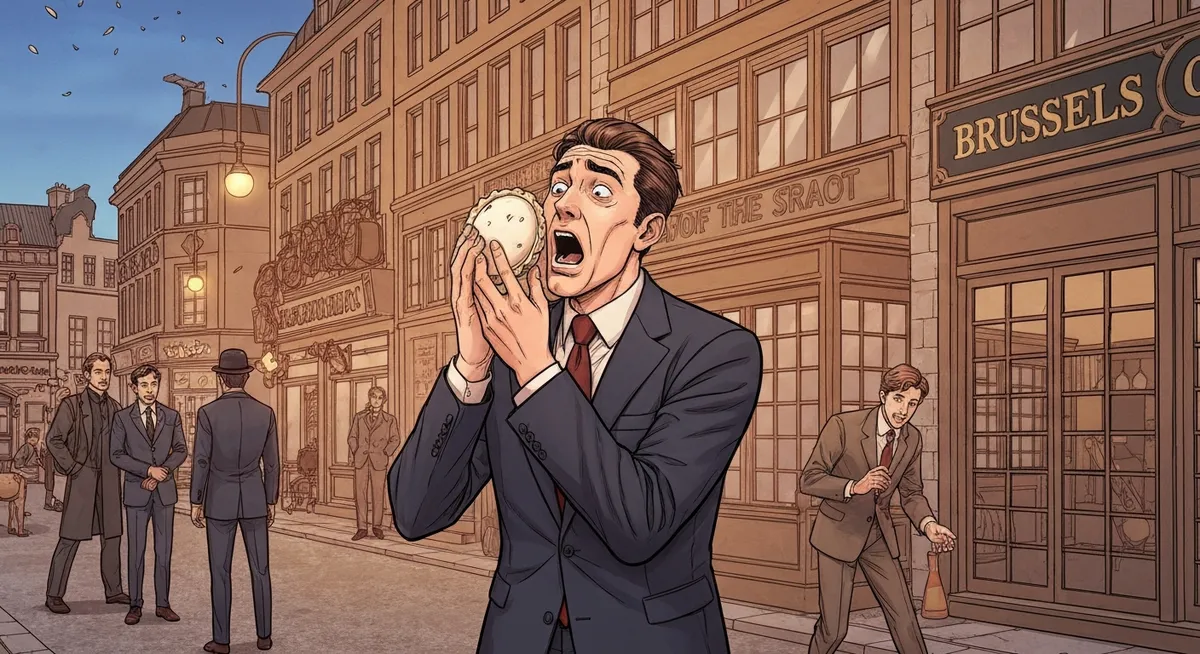 A man in a suit wiping cream pie from his glasses outside a European government building