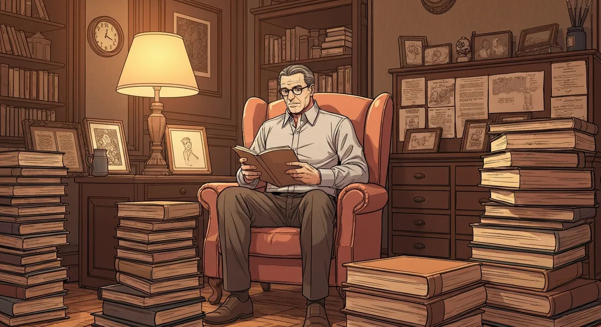 Gates in casual clothes reading a book in a leather armchair — the lifelong learner