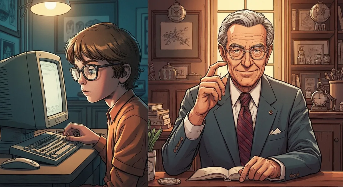 A split image — a young Gates at a computer in 1975 on one side, an older Gates at a podium discussing global health on the other