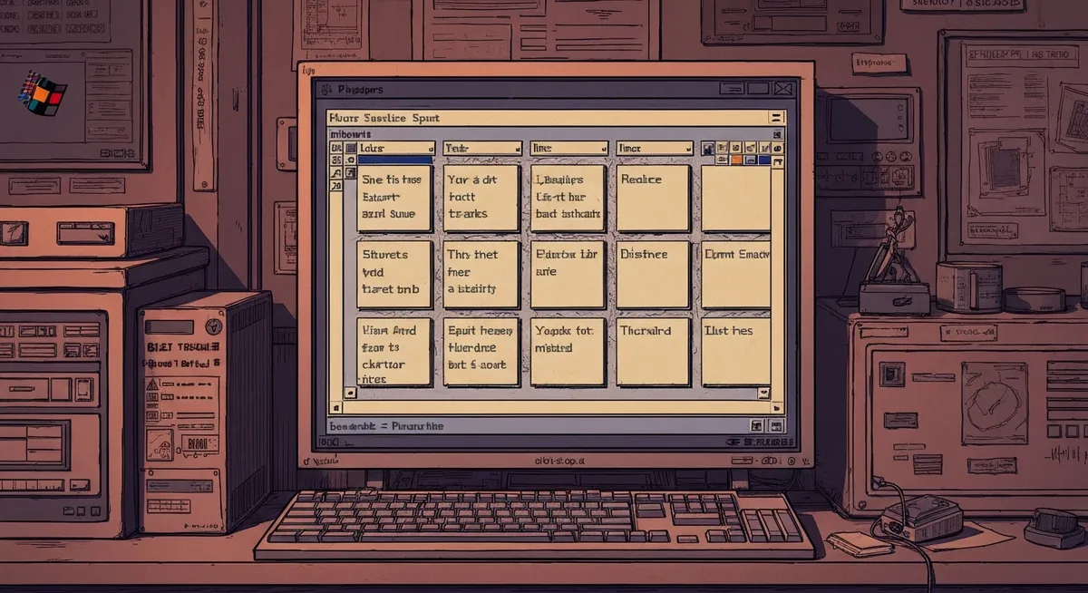 An early Windows 1.0 desktop with tiled windows on a beige monitor — humble beginnings