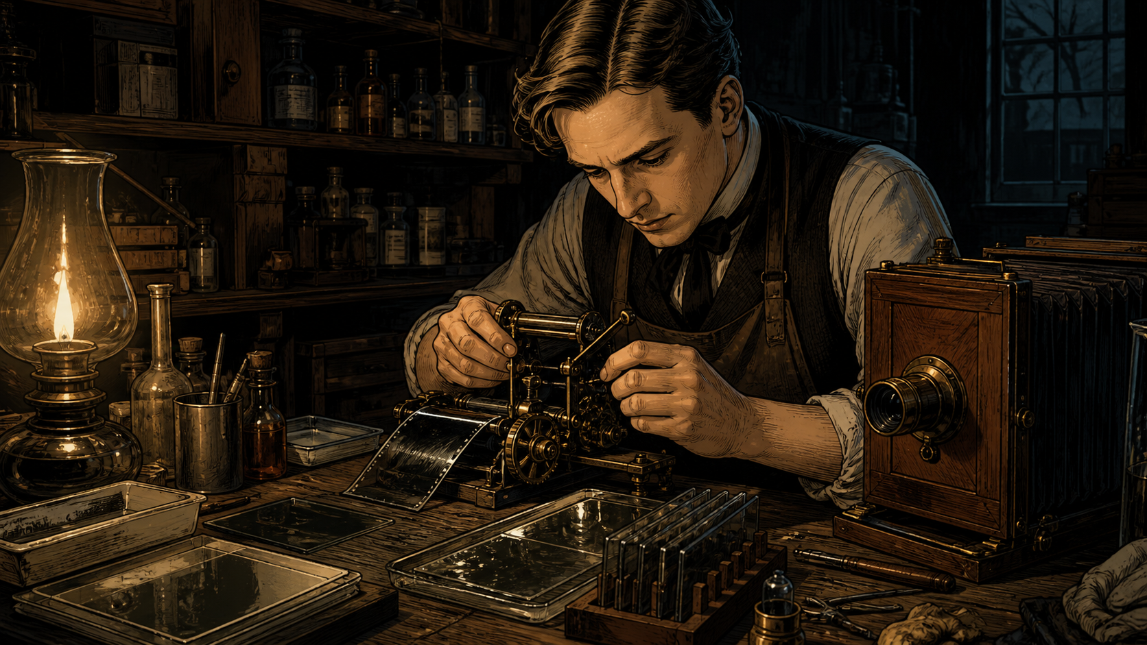 Young George Eastman experimenting with dry plates and roll film in a late nineteenth-century Rochester workshop