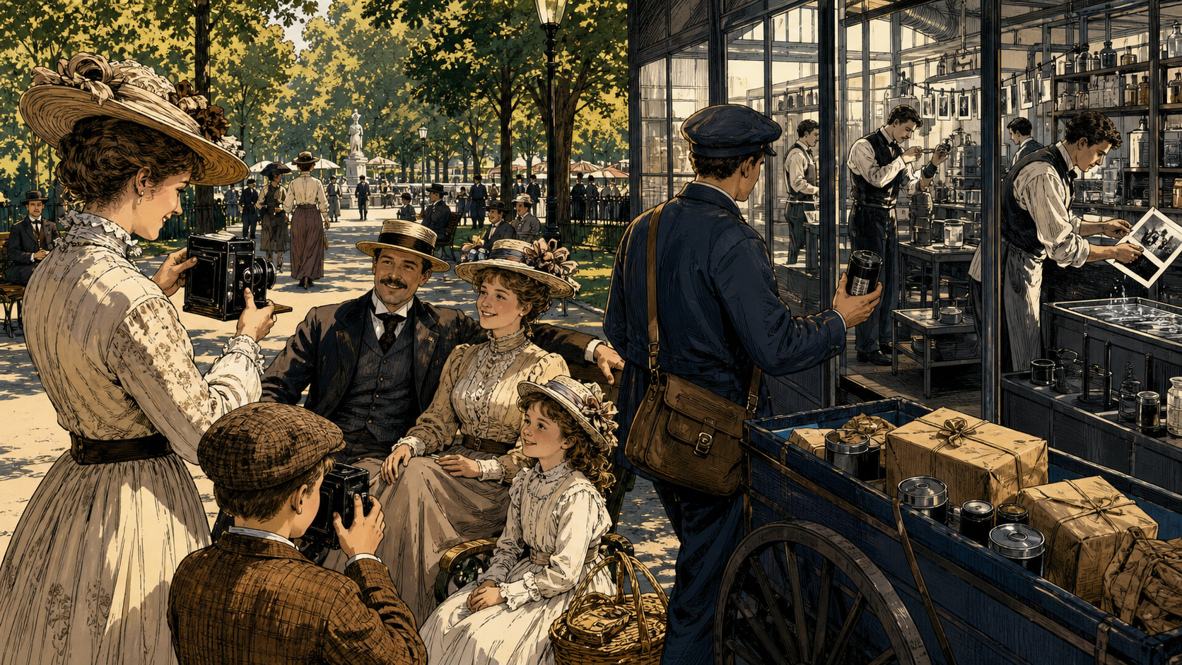 Families using simple Kodak cameras while a coordinated network of film factories, dealers, and processing labs grows behind them
