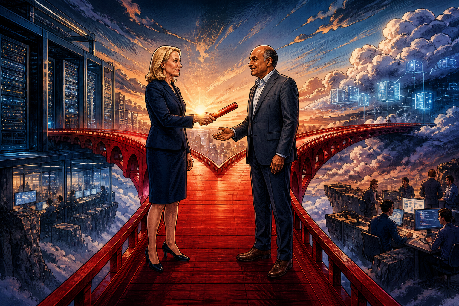 Ginni Rometty handing leadership to Arvind Krishna on a hybrid-cloud bridge