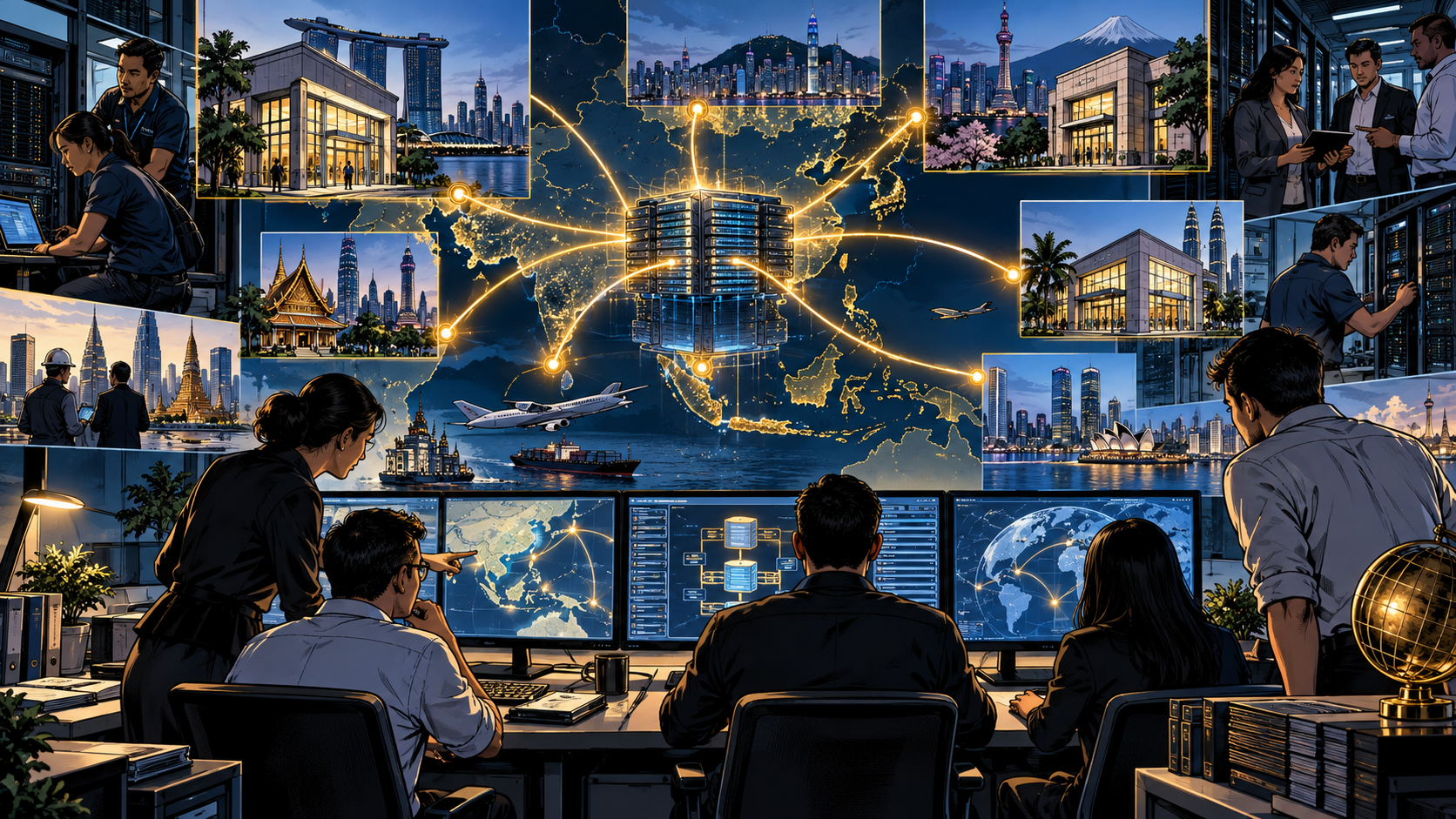Bank branches across Asian cities connected by one adaptable transaction engine and implementation teams