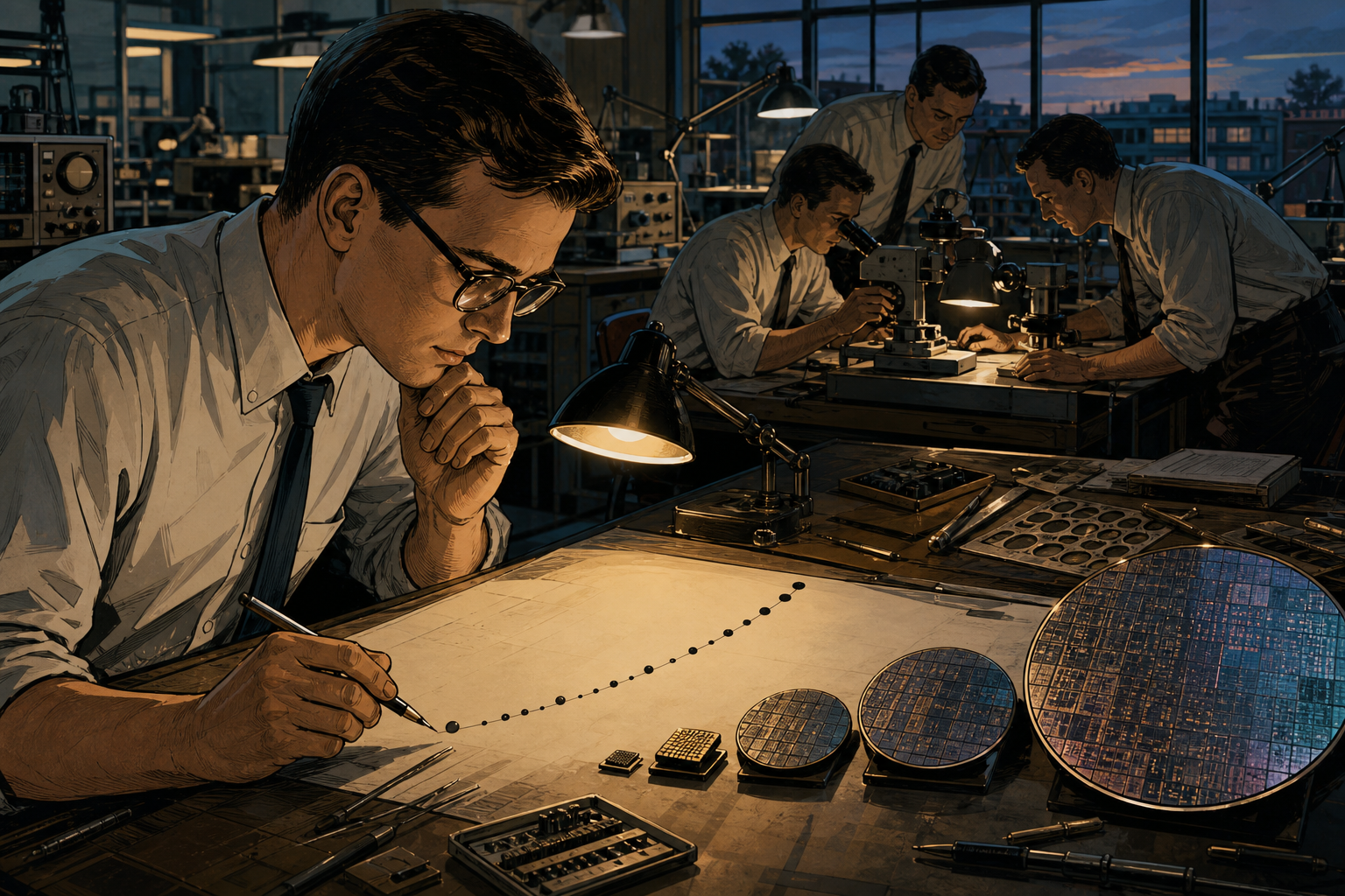 Gordon Moore studying hand-drawn semiconductor density curves beside early silicon wafers in a 1960s laboratory