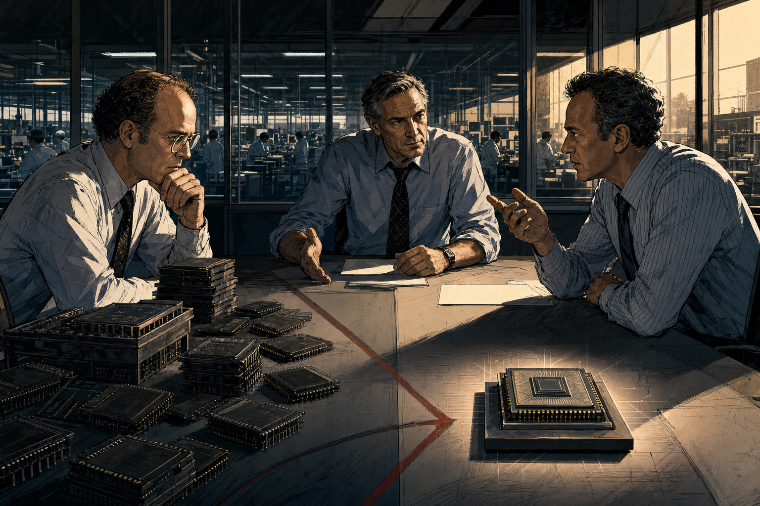Gordon Moore, Robert Noyce, and Andy Grove confronting falling memory-chip economics around a stark Intel strategy table