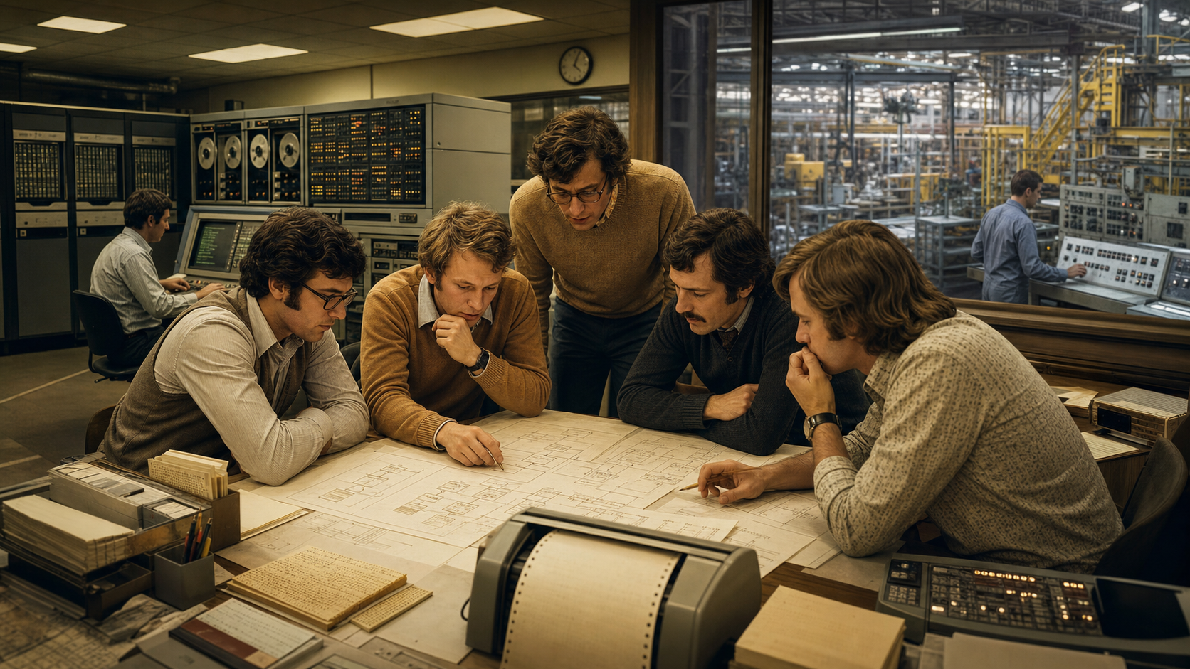 Hasso Plattner and four fellow engineers in a 1970s German computer room sketching an integrated real-time business system beside mainframes