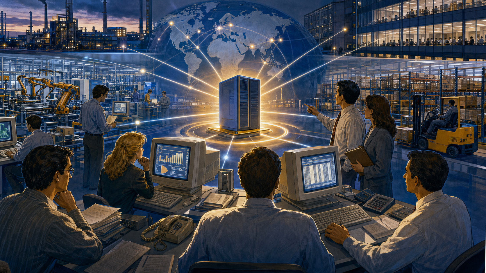A 1990s enterprise transforming from isolated departmental computers into one connected client-server network across factories and offices