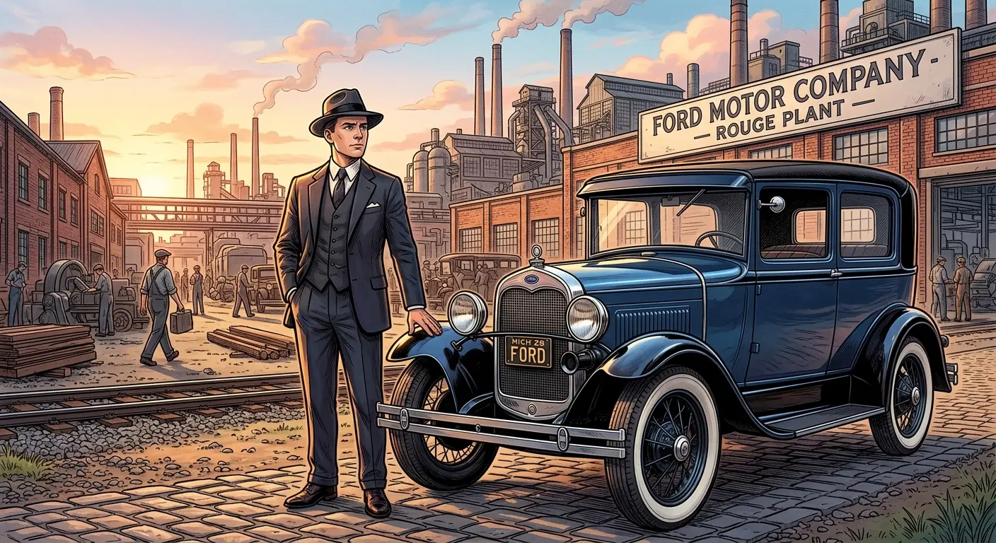 A dignified Edsel Ford standing beside a sleek Model A sedan, looking thoughtful, circa 1928
