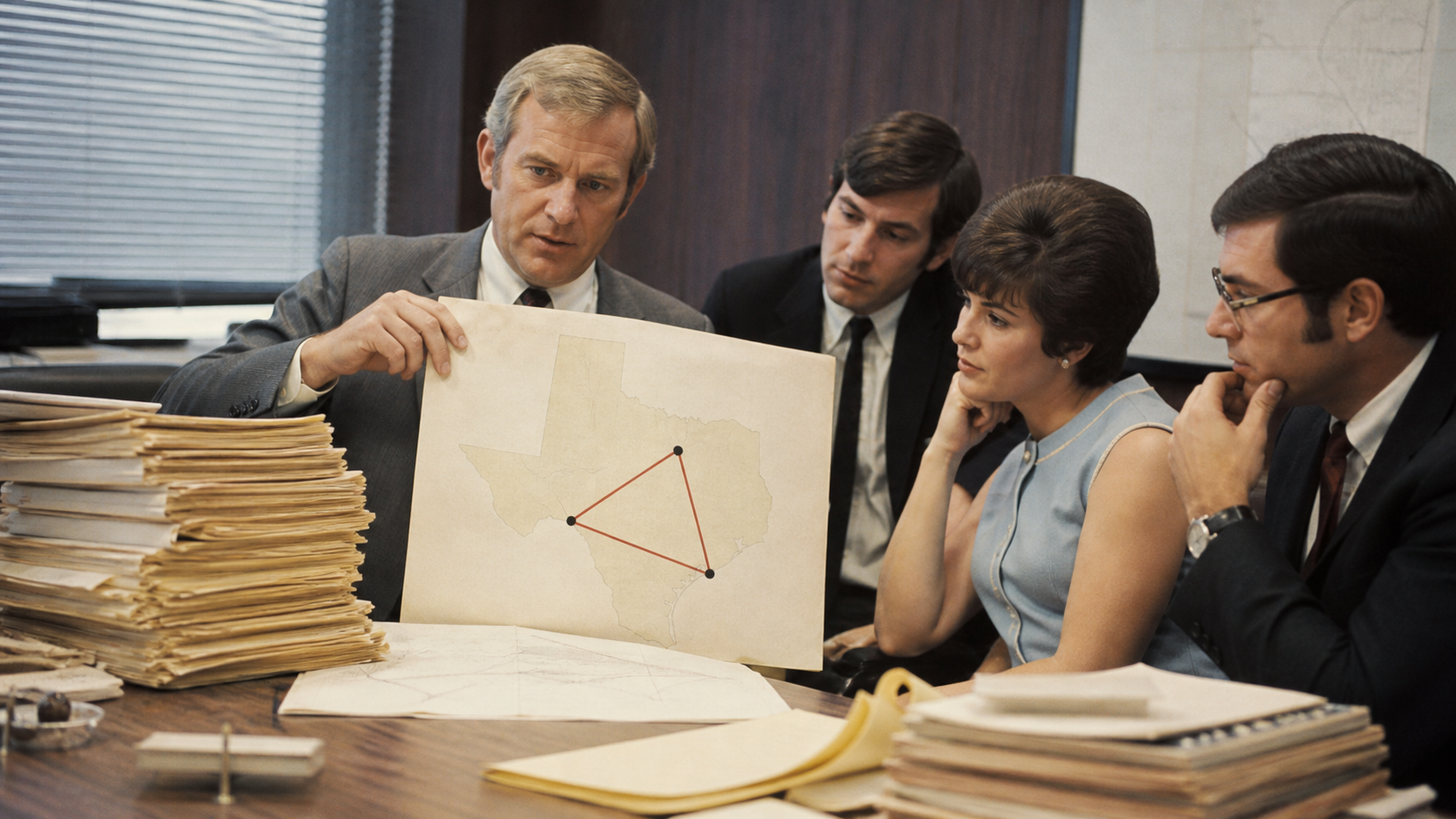 Herb Kelleher studying a simple Texas route map while legal files stack beside a small startup airline team