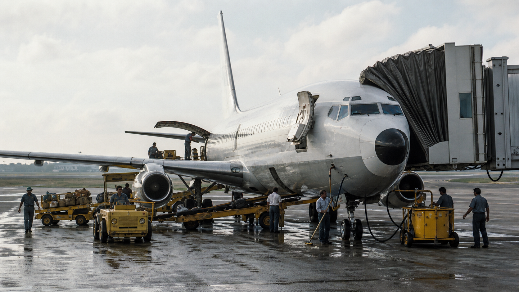 A Southwest-style Boeing 737 completing a rapid gate turnaround as one coordinated crew resets the aircraft
