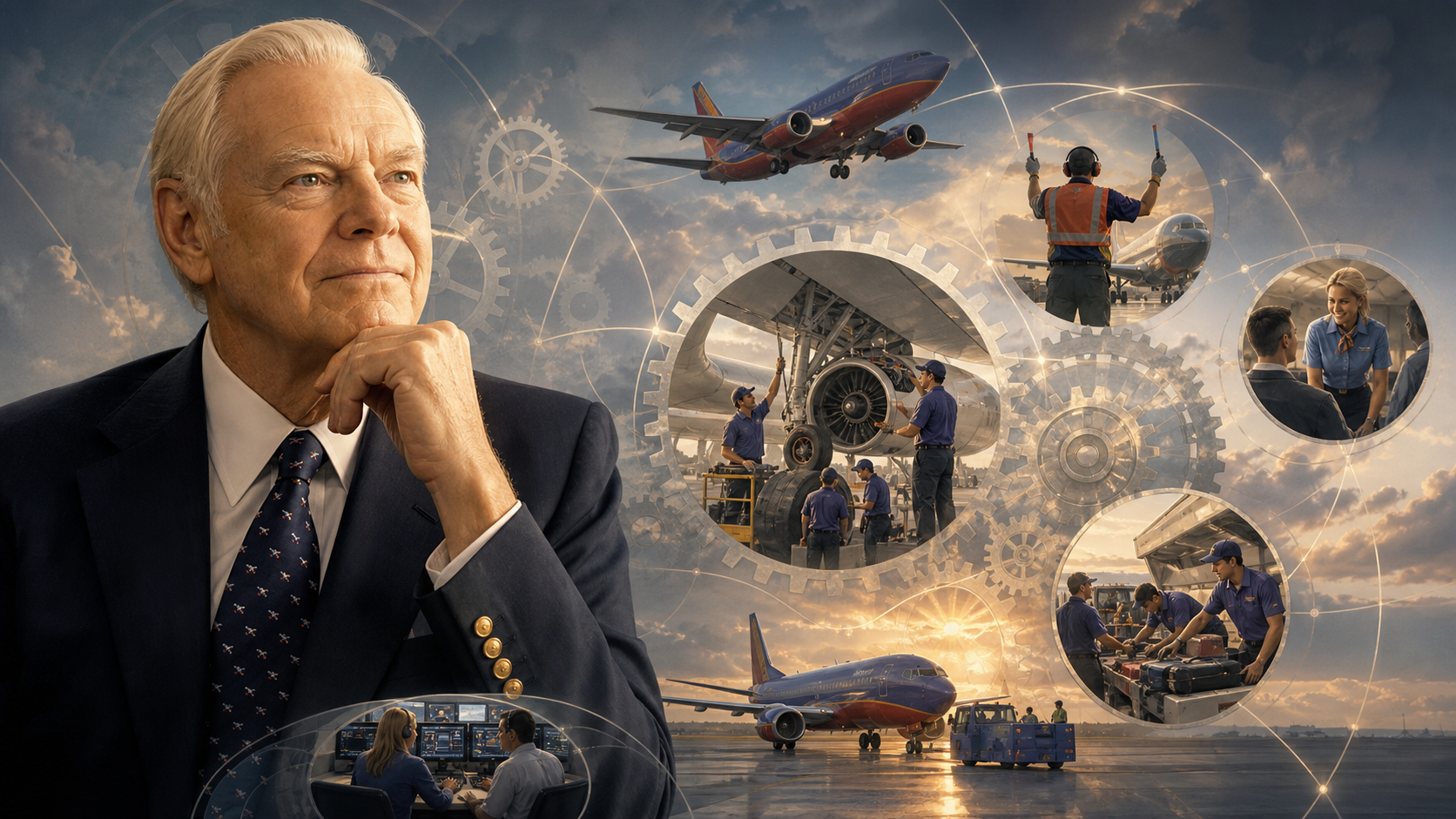 Herb Kelleher's legacy shown as interlocking gears labeled simplicity, people, speed, and low fares without visible text