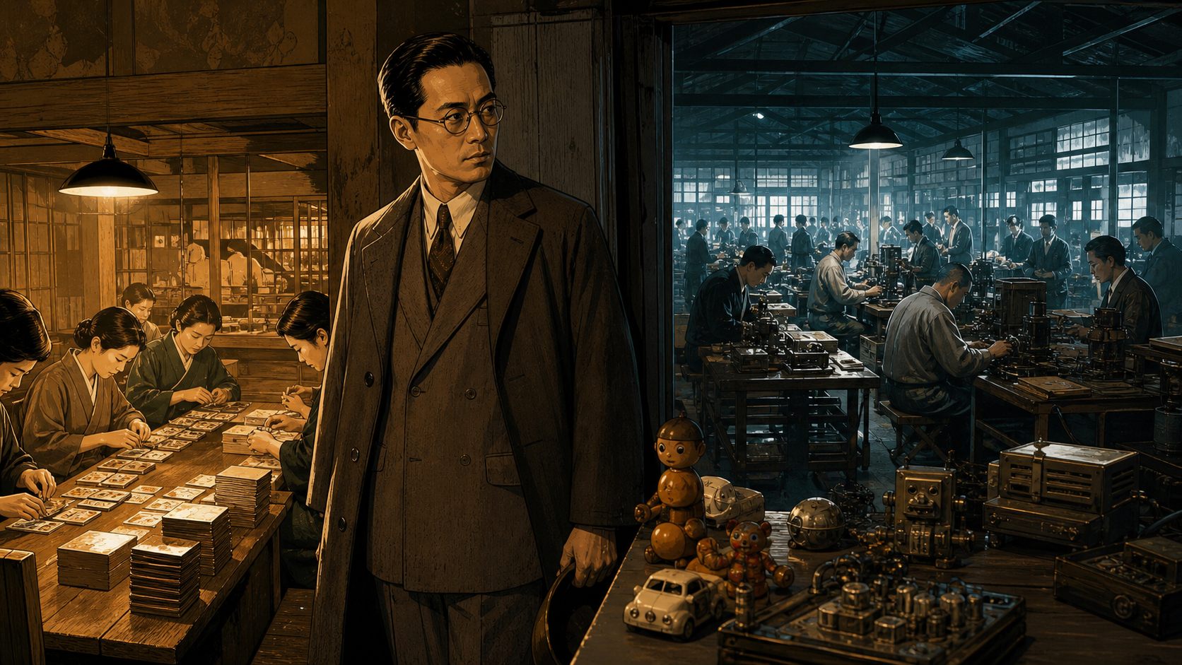 Young Hiroshi Yamauchi enters a traditional Kyoto playing-card factory and begins redirecting its craft toward toys and electronic entertainment