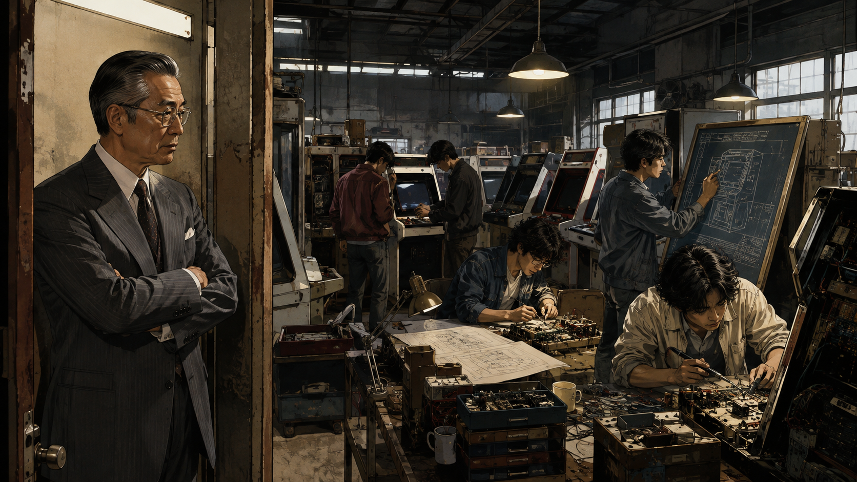 Nintendo's arcade workshop struggles with unsold machines before a young creative team transforms the hardware into a breakthrough character-driven game