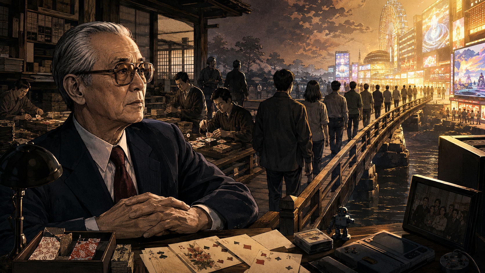 Older Hiroshi Yamauchi views Nintendo's century-long bridge from handcrafted cards to beloved interactive worlds built by generations of creators