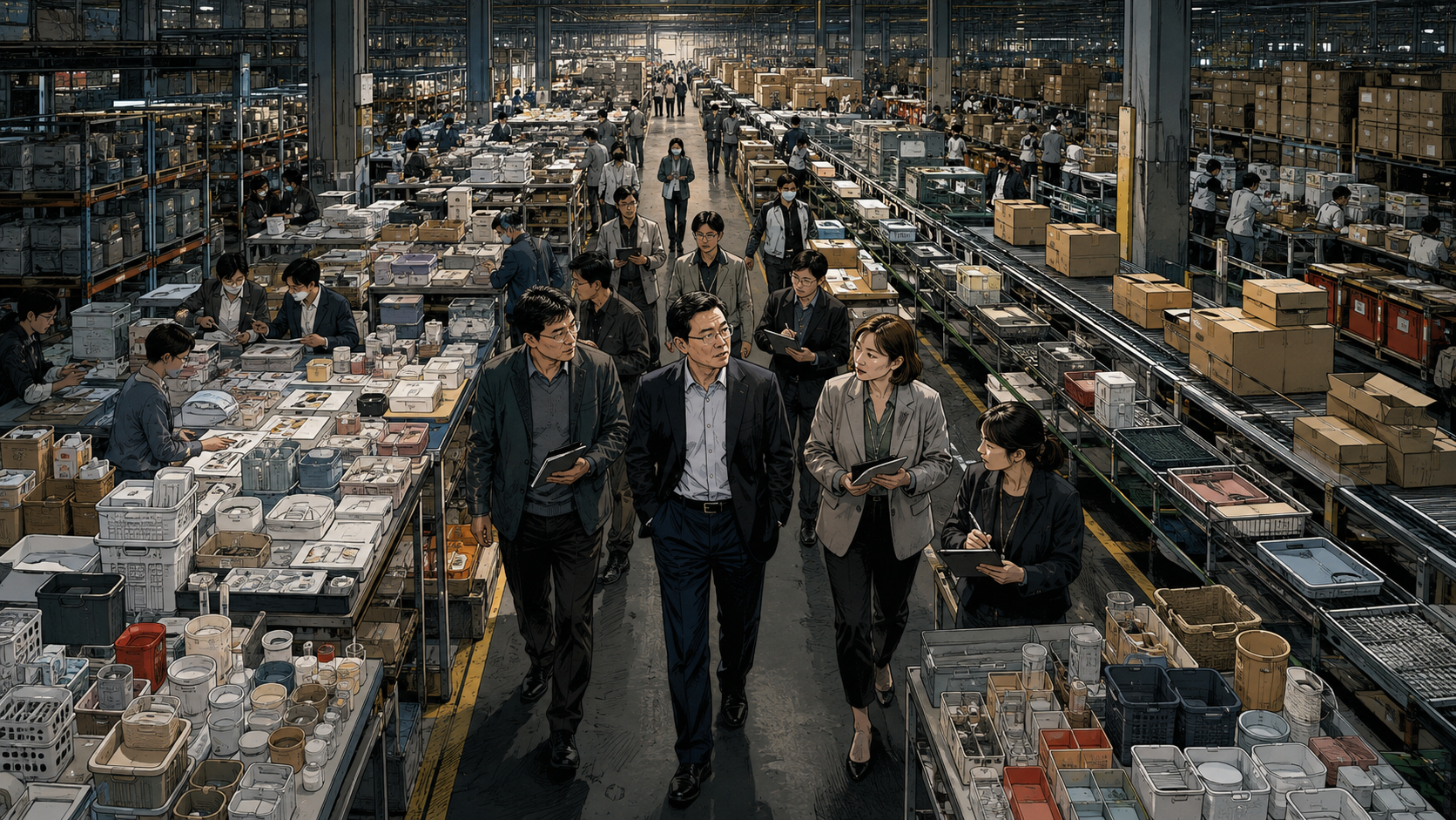 Hirotake Yano walking through a vast product development and logistics floor where thousands of small goods flow toward identical price signs