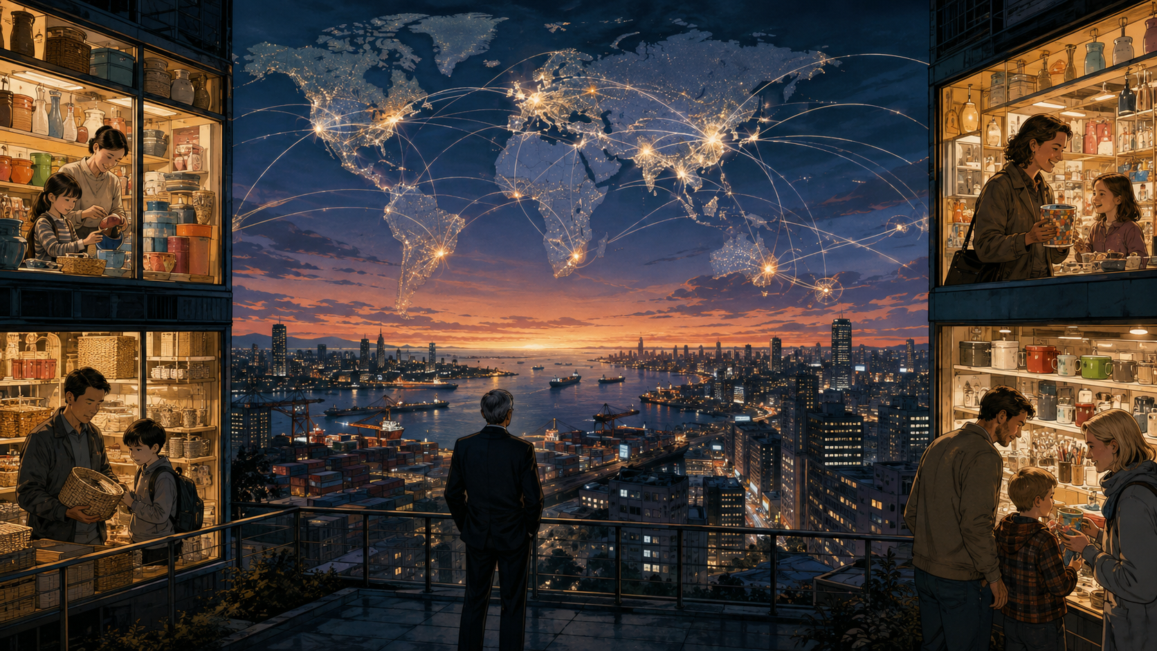 A cinematic world map of Daiso storefronts linked by shipping routes while shoppers discover colorful practical objects under dramatic evening light