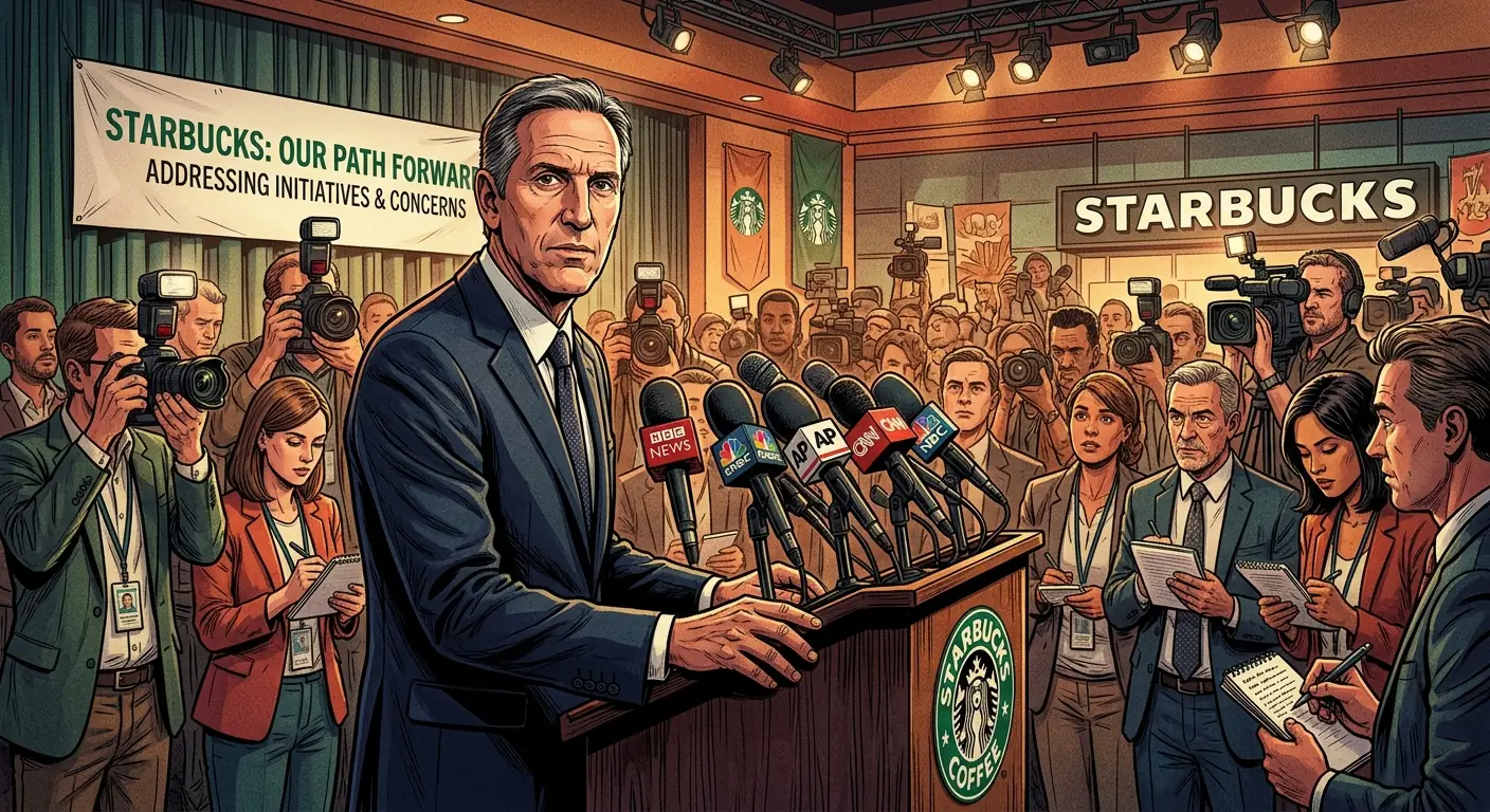 Howard Schultz looking serious at a press conference regarding a controversial Starbucks initiative