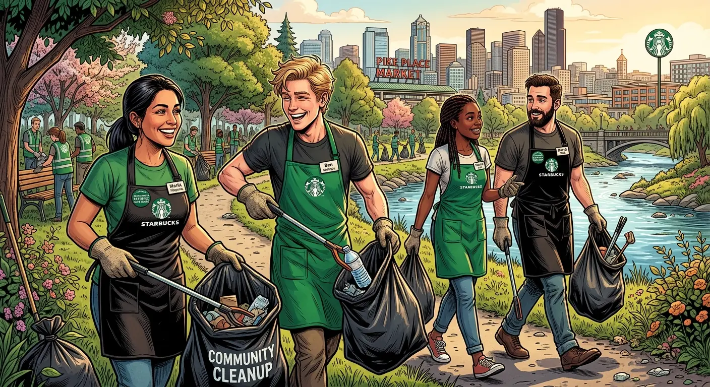 Starbucks baristas engaging in a community cleanup event, smiling and holding trash bags