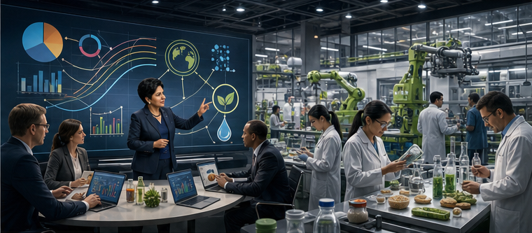 Indra Nooyi connecting portfolio change nutrition research sustainability and results