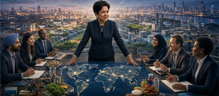 Indra Nooyi leading a diverse global corporation through strategy and operations