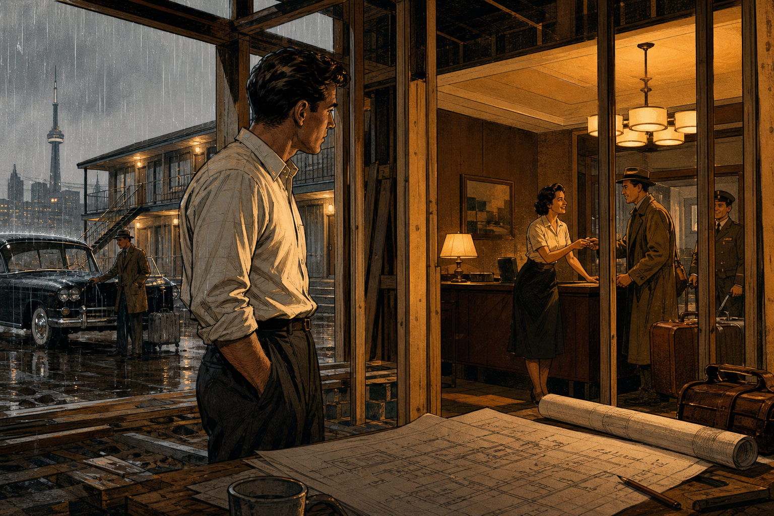 A young Isadore Sharp reviewing architectural plans at his modest first Toronto motor hotel as guests and staff reveal the importance of service