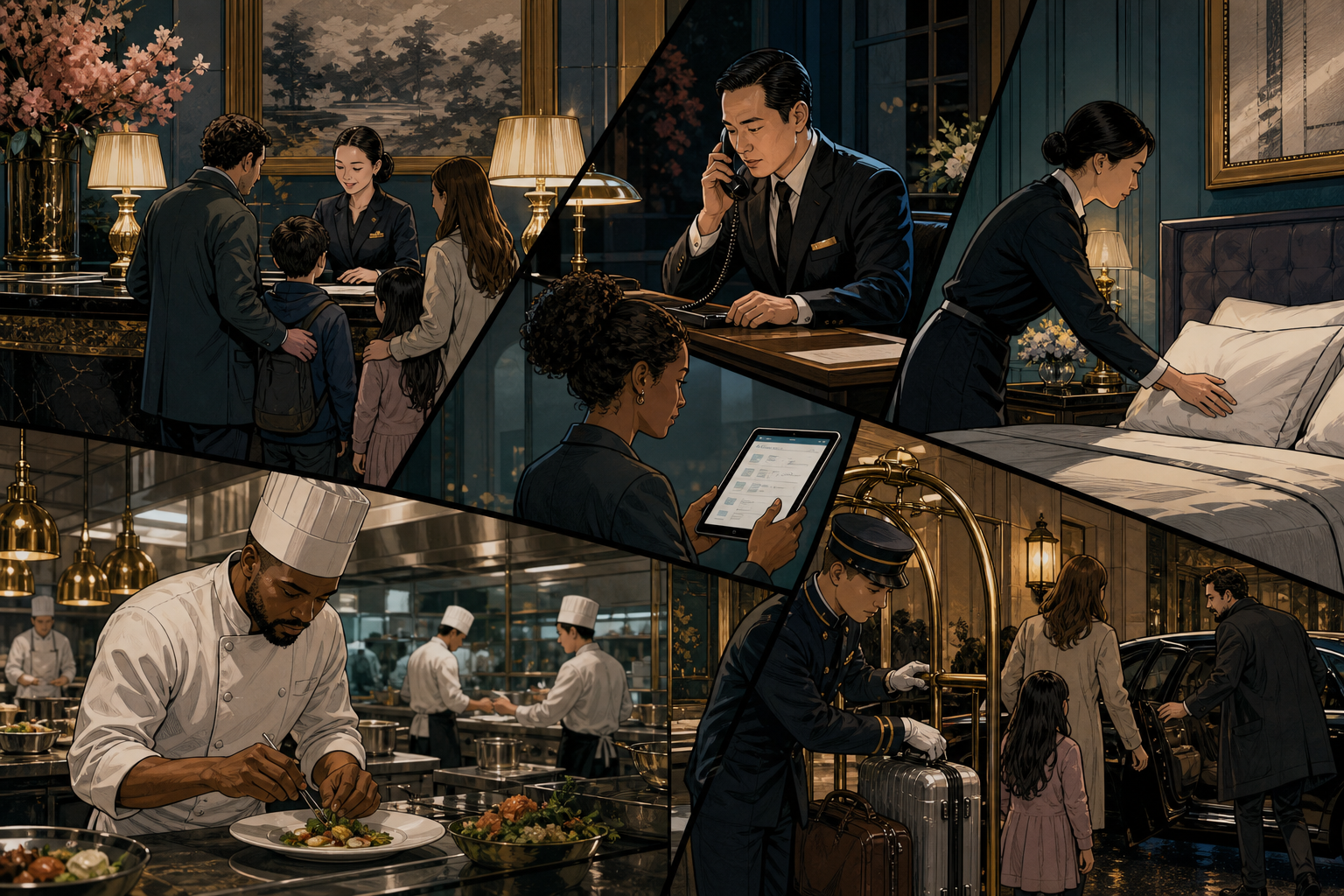 Four Seasons staff across housekeeping, reception, kitchens, and concierge teams coordinating a graceful personalized guest arrival