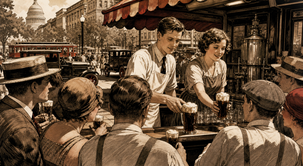 J. Willard and Alice Marriott serving customers at a small Washington root-beer stand in 1927