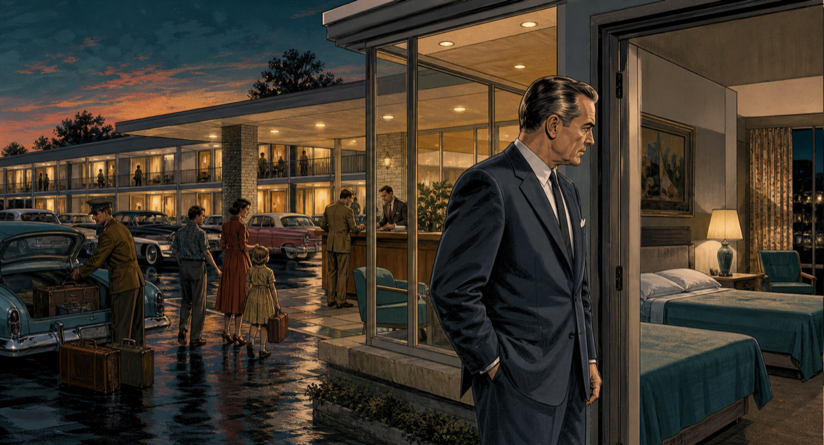 J. Willard Marriott inspecting the operations of a newly opened 1950s motor hotel