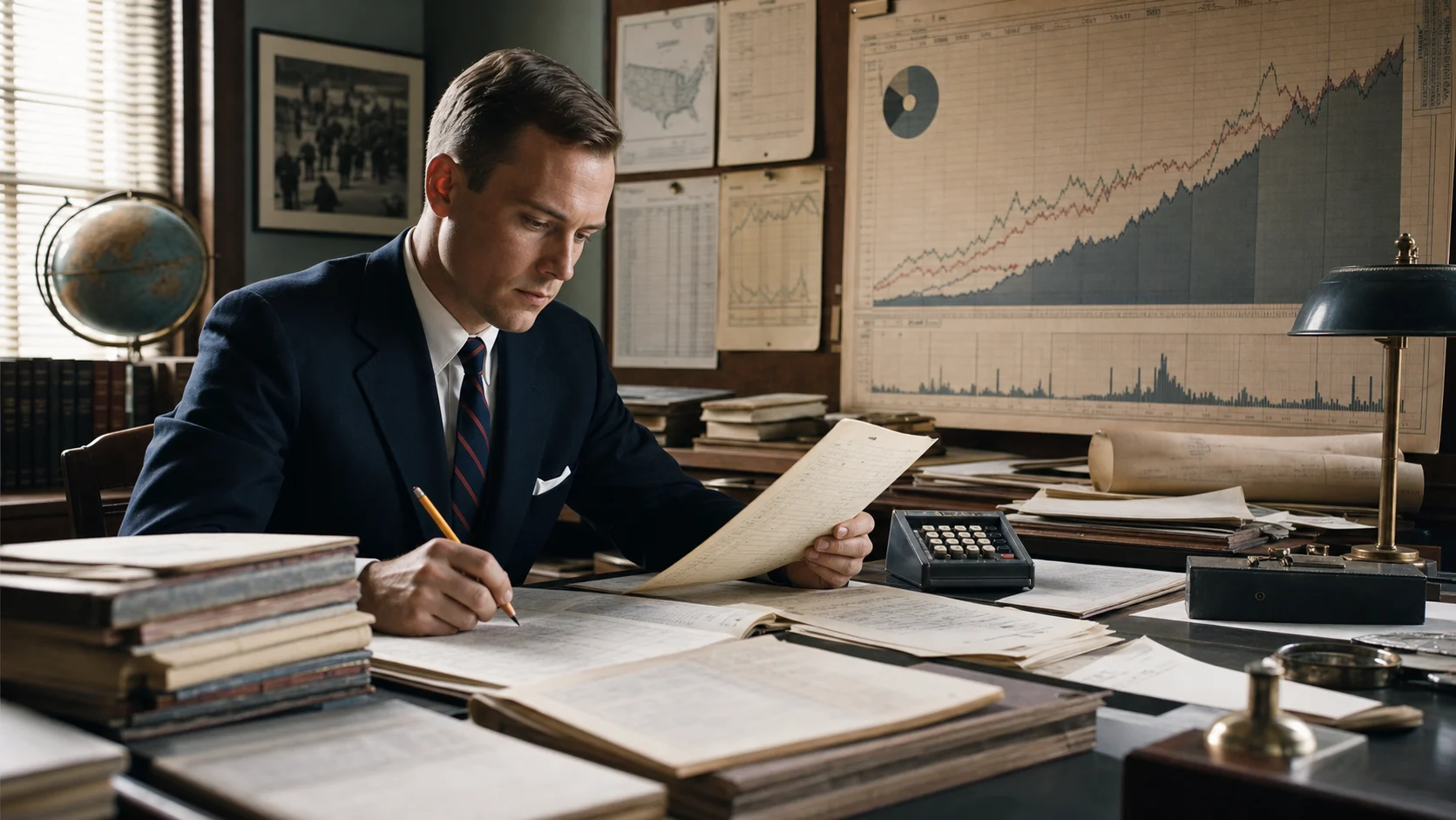 A young investment professional comparing broad-market performance and fund costs in a mid-century office