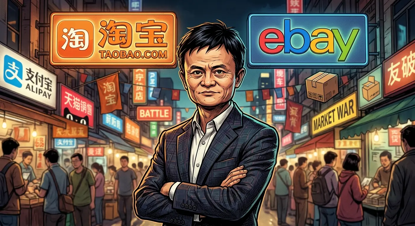 Jack Ma looking determined, standing in front of a blurry background of competing logos, Taobao vs. eBay