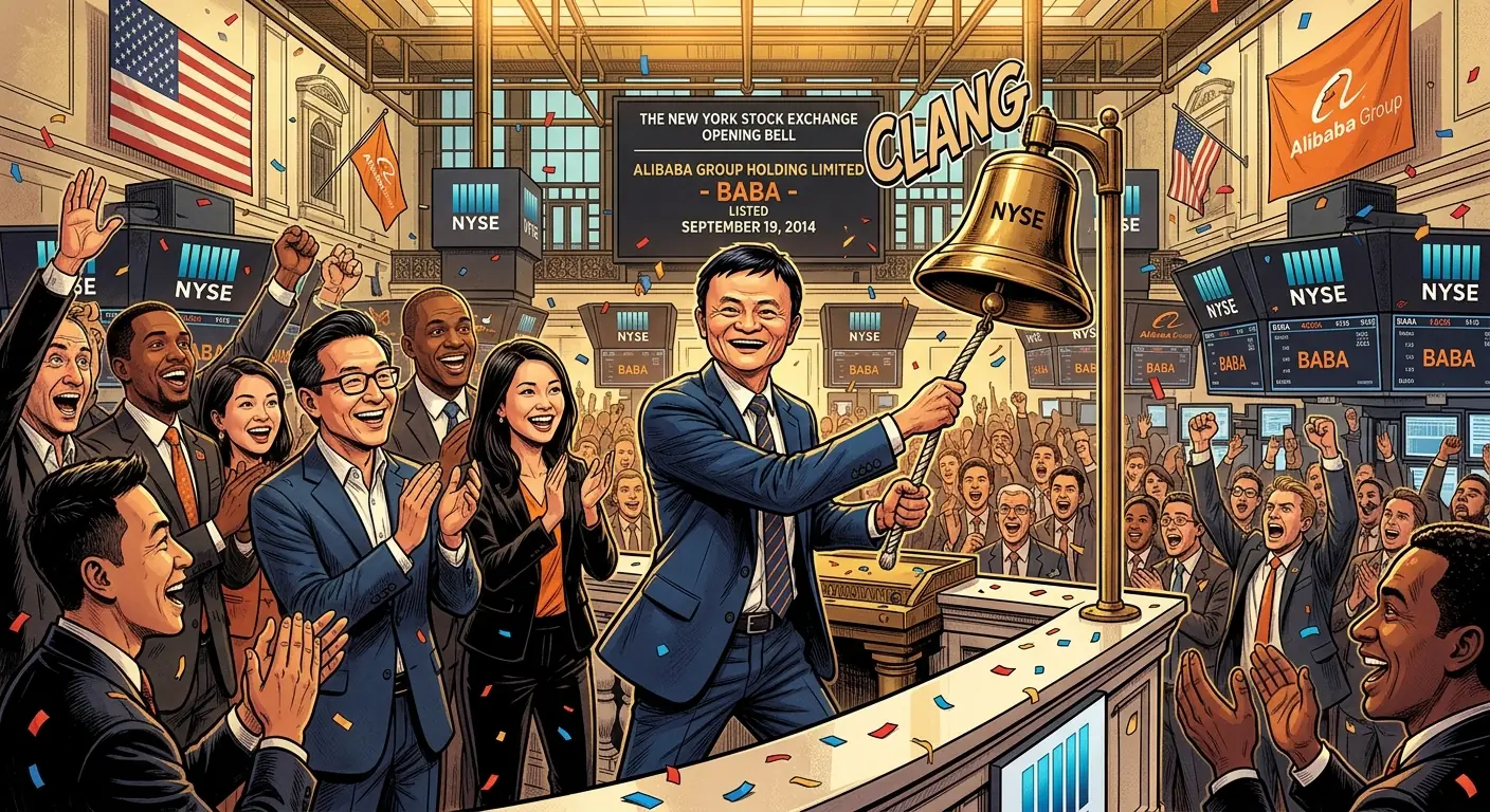 Jack Ma smiling widely, ringing the opening bell at the New York Stock Exchange, surrounded by cheering executives