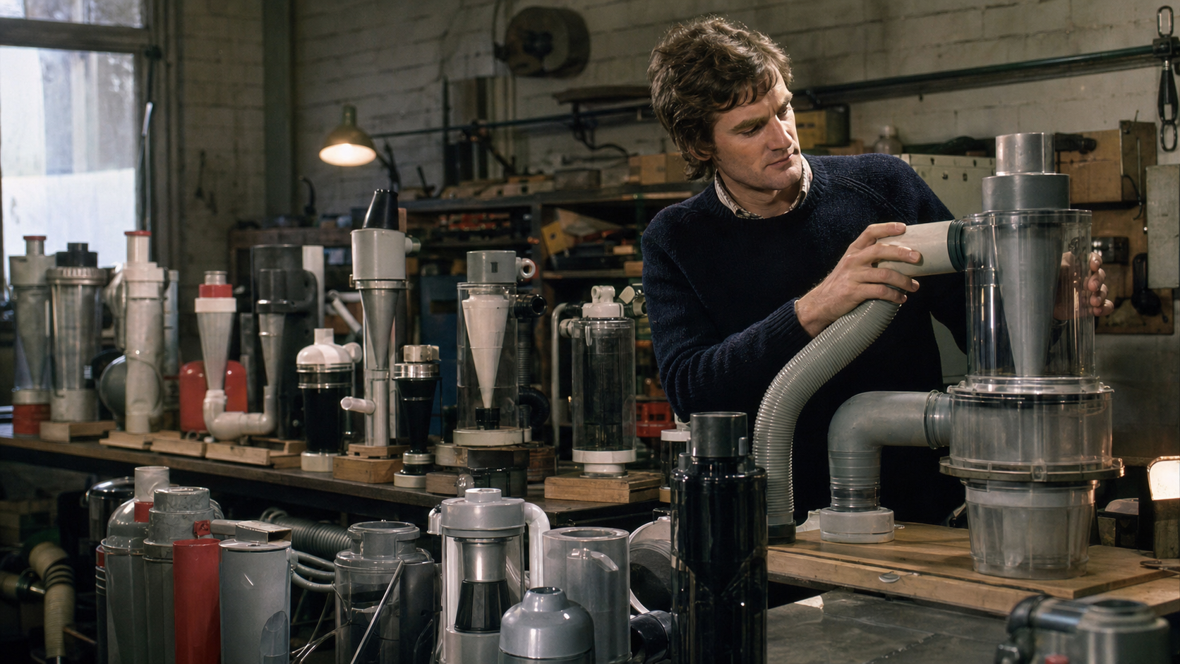 James Dyson testing rows of cyclone vacuum prototypes in a modest engineering workshop