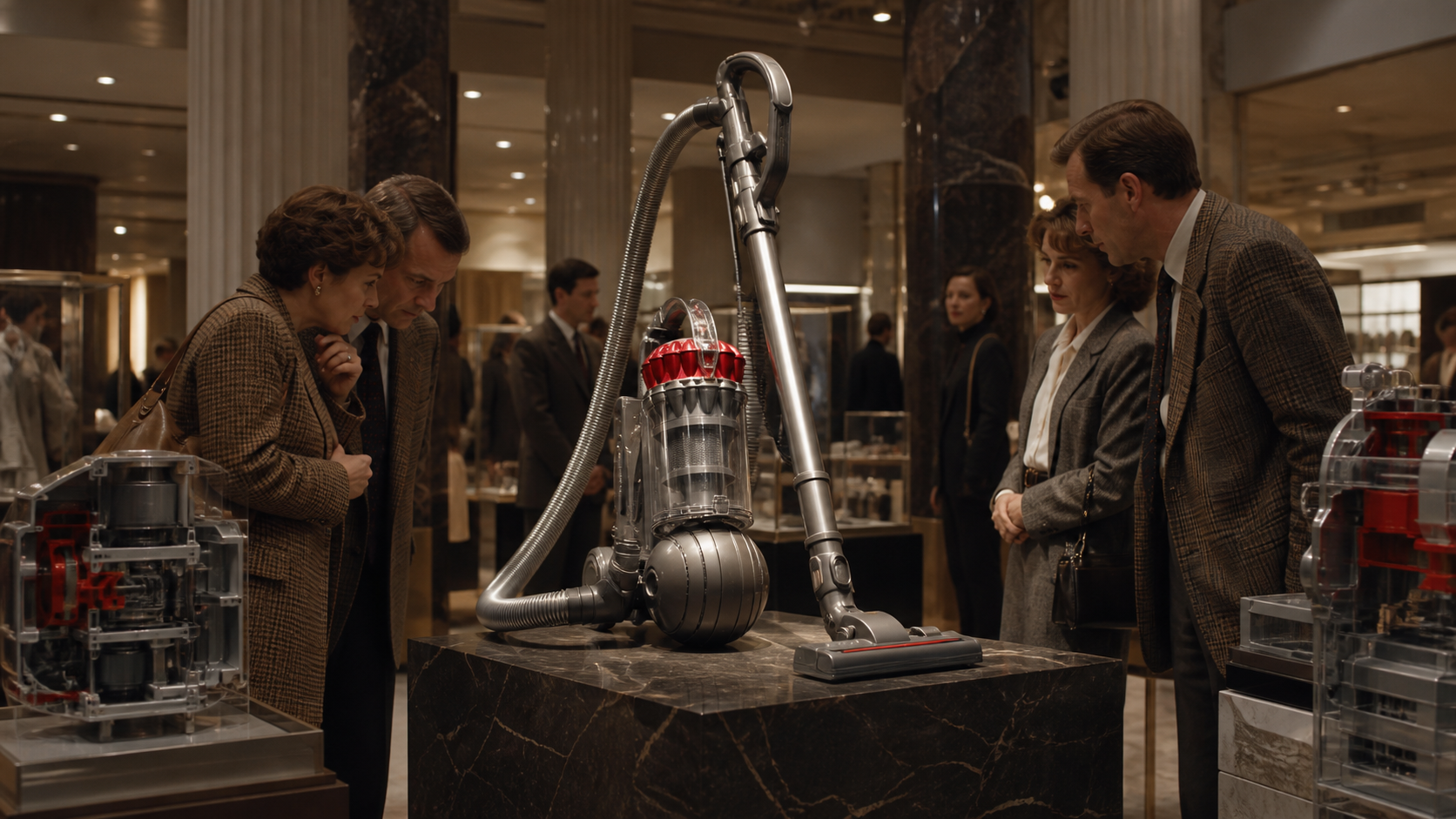 A transparent-bin Dyson vacuum displayed like precision technology in a premium modern retail space