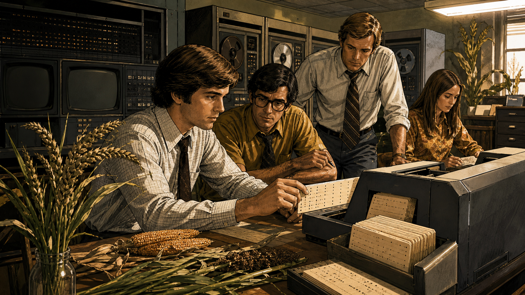 James Goodnight and a small university research team working through agricultural data on a 1970s mainframe terminal