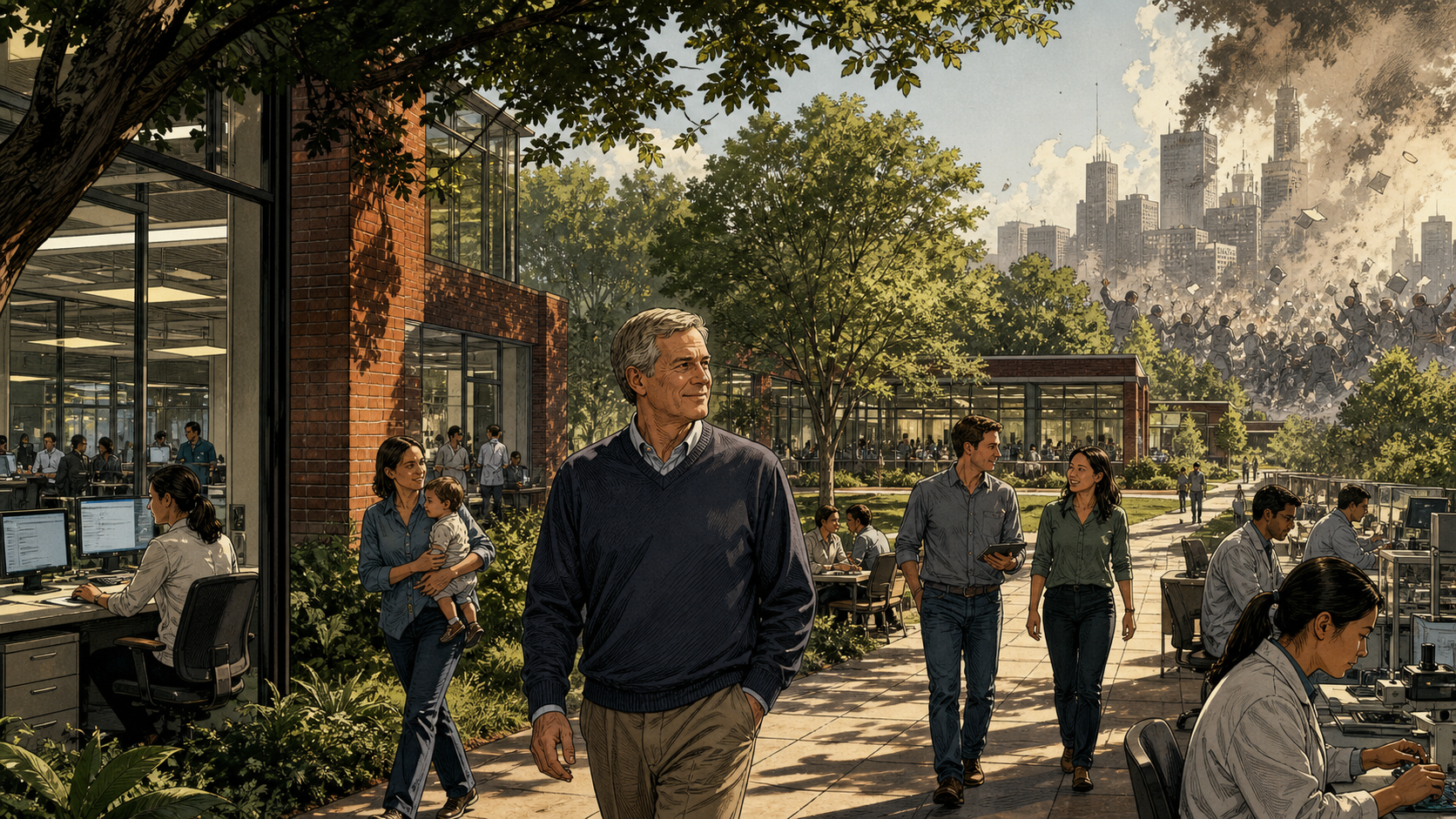 James Goodnight standing inside a calm North Carolina software campus while the frenzy of a distant stock exchange fades behind him