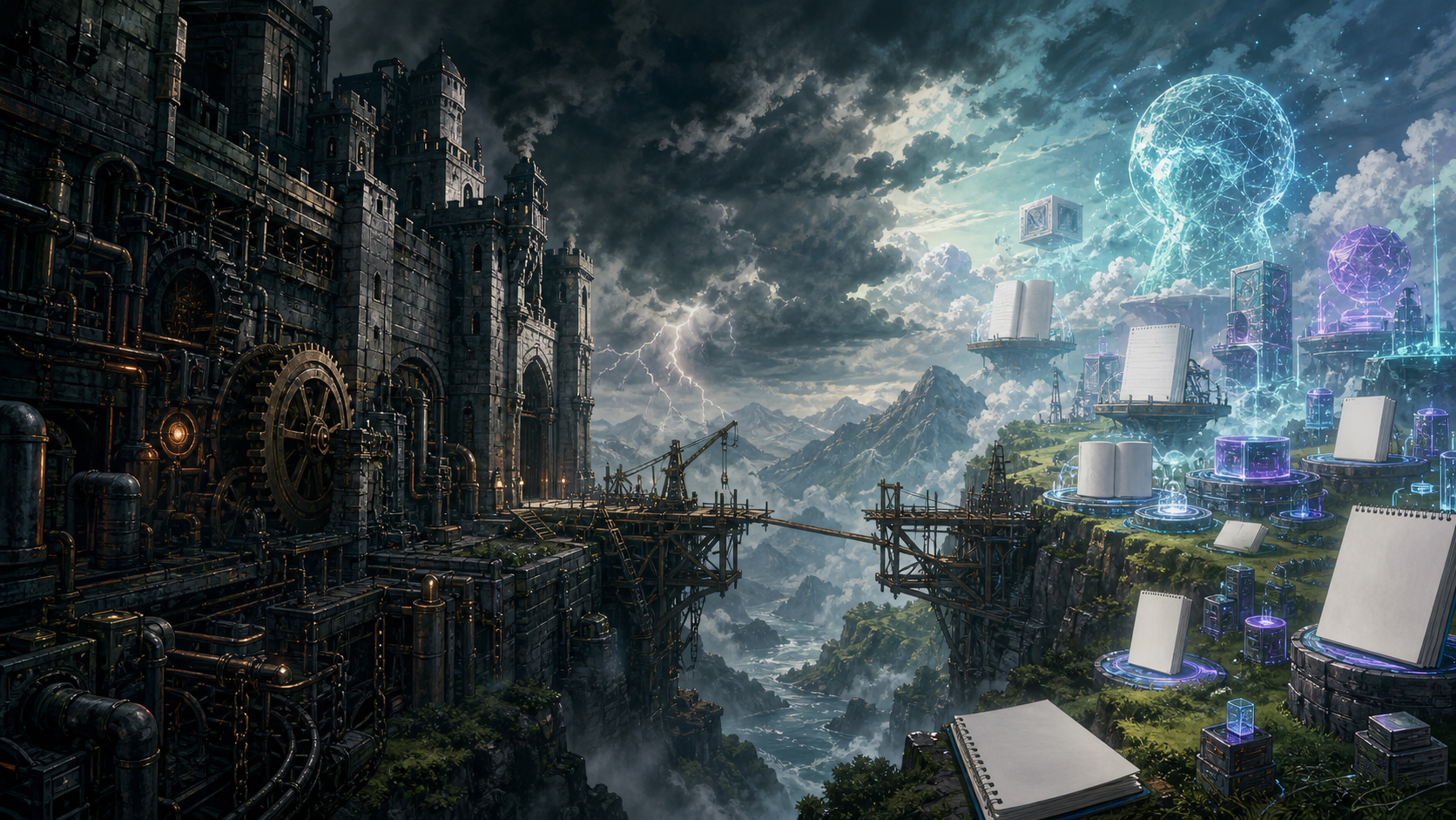 A fortress of legacy analytics code facing a new landscape of cloud data platforms open source notebooks and AI models