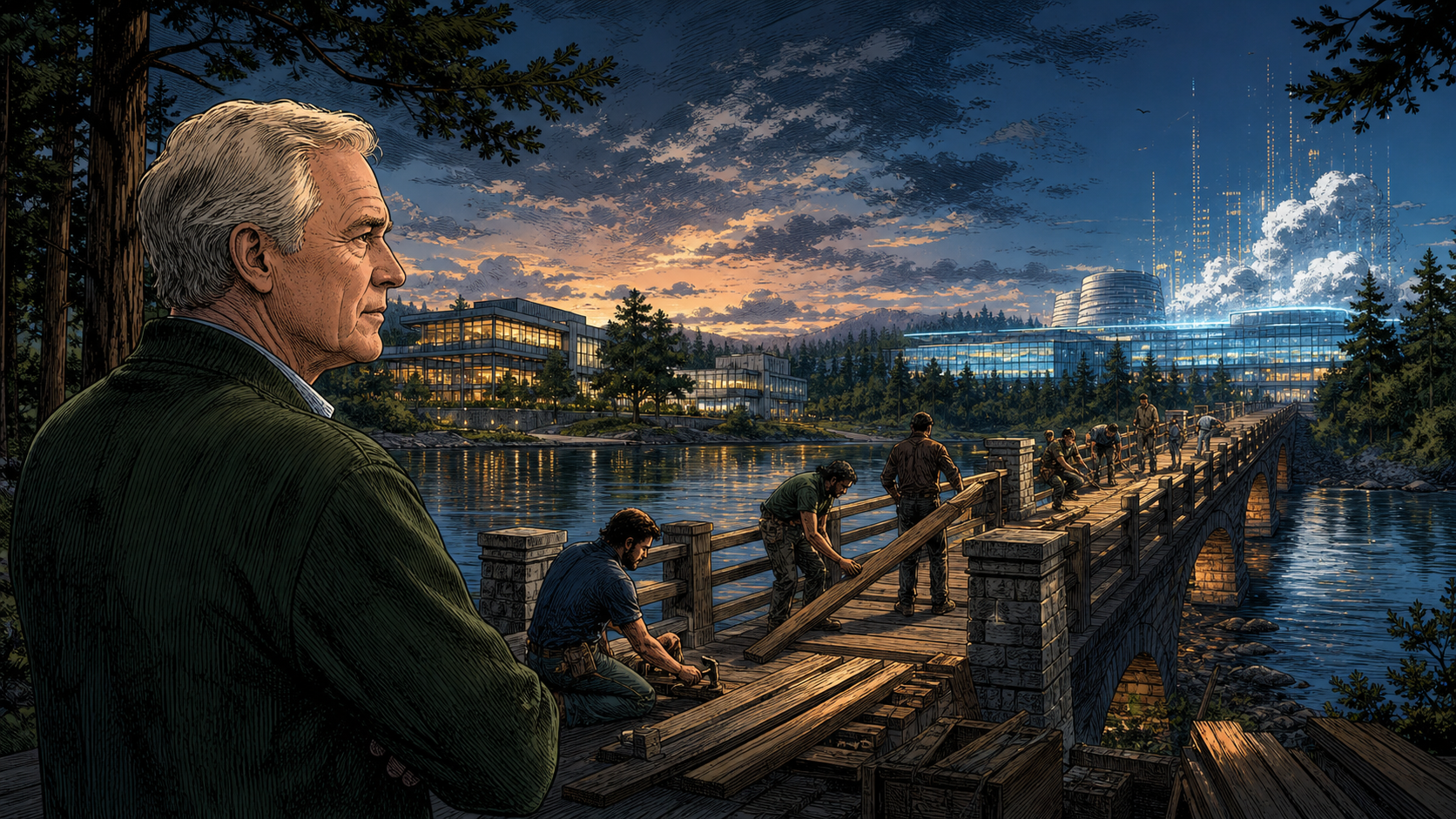 James Goodnight studying a bridge from a private enterprise software campus toward a cloud and AI future
