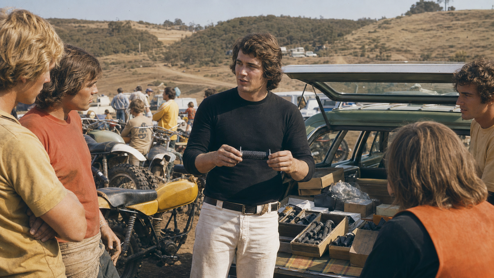 Young James Jannard selling distinctive motorcycle grips from a car at a 1970s motocross track