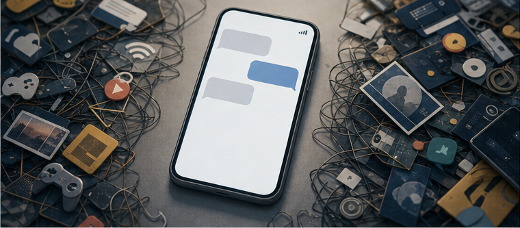 A simple reliable mobile messenger surrounded by discarded digital clutter