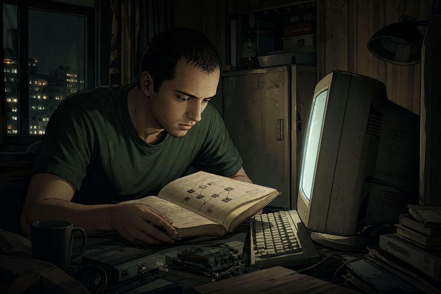 Young Jan Koum hunched over a used computer manual in a dim apartment, glowing CRT monitor nearby, premium webtoon style