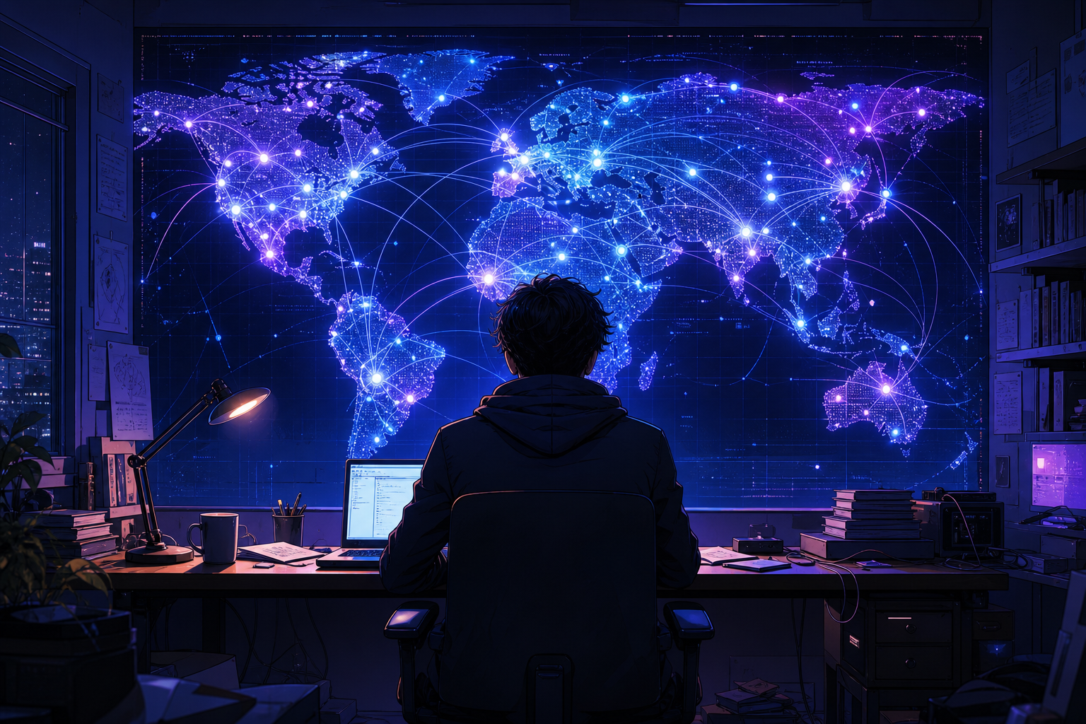 A tiny startup team in a small room contrasted with a glowing world map of millions of chat connections, premium webtoon style